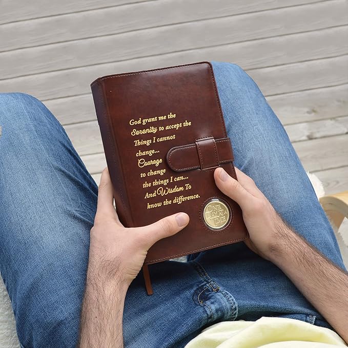 GALILEO® Double AA Big Book Cover & 12 Steps & 12 Traditions | AA Gift | Alcoholics Anonymous | PU Leather | Coin Holder | AA Book Covers for Hardcover (Serenity Prayer/Coin Pocket/Brown)