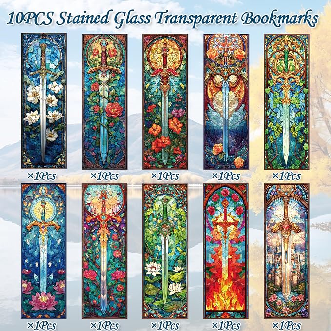 Sword Stained Glass Transparent Bookmark - Wxiben 10 Pcs Cool Sword Transparent PVC Bookmark Fantastic Floral Book Mark Page Clips Gifts for Women Men Book Lovers Teacher Student Bookish Readers