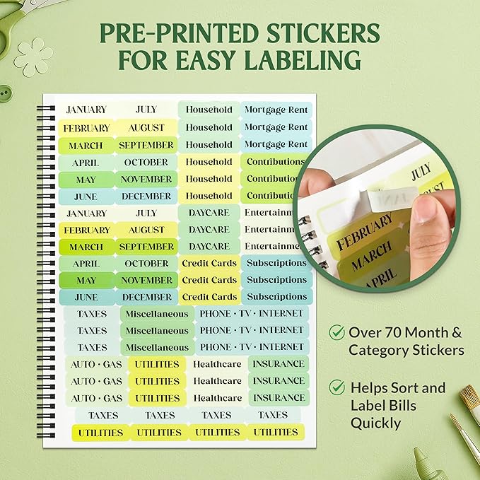 Decorably 14 Pocket Pages Undated Eucalyptus Bill Payment Tracker Monthly Organizer, 9x12in Spring-Bound, with Notes and Stickers for Listing Payments, Expenses and Receipts - Home, Work