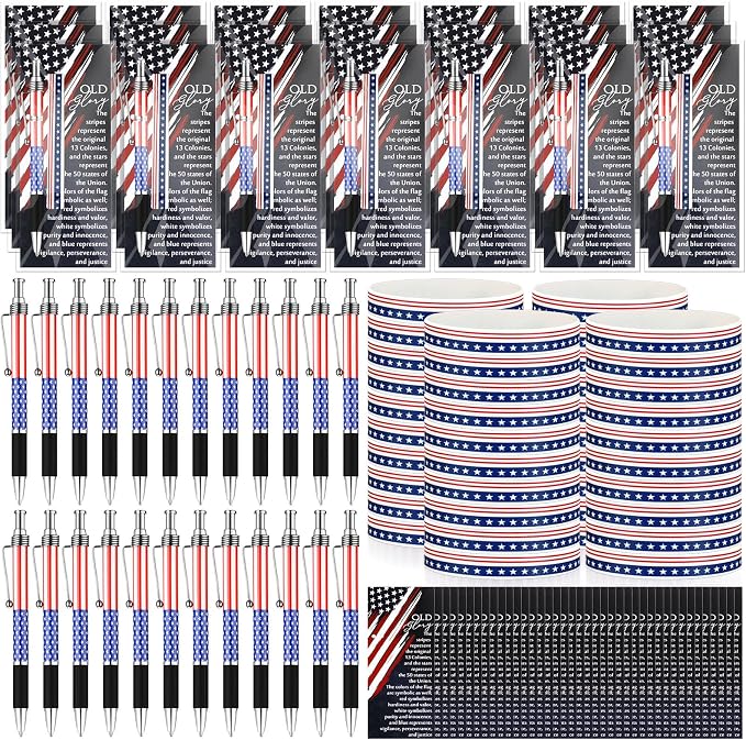 Sayglossy 60 Sets/180 Pcs 4th of July Party Favors 250th Anniversary Flag Ballpoint Pens Silicone Wristband Bookmarks Patriotic Souvenir for 1776-2026 Commemorative Memorial Veteran Independence