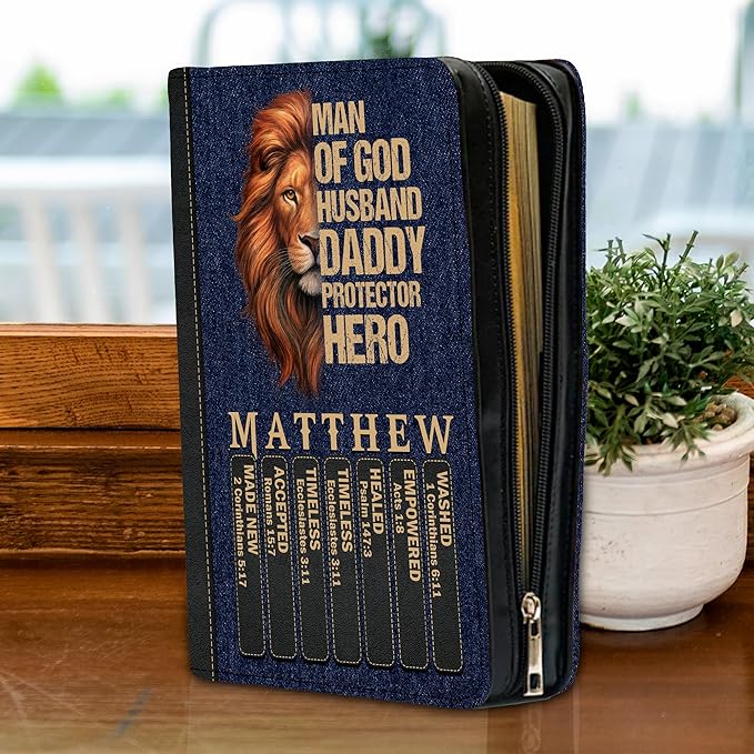 Personalized Man of God Bible Cover, God Says I Am Bible Case PU Leather, Bible Holder Handle Zipper, Faith Scripture with Name Case Bag, Religious Gifts for Church Christians Women Men (GOD-01)