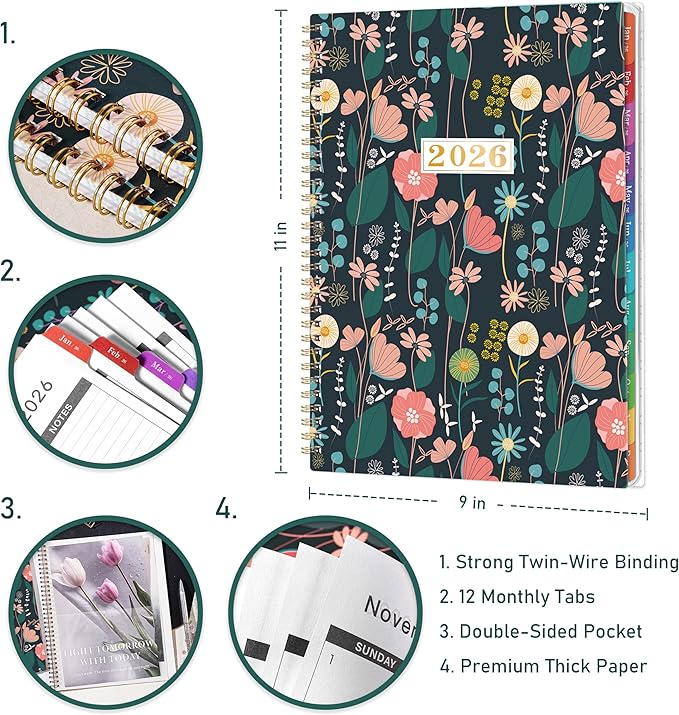 2026 Monthly Planner - January 2026 - December 2026, 9" x 11", Large Calendar 2026, 12 Months Planner with Monthly Tabs, Double Pockets, Spiral Binding