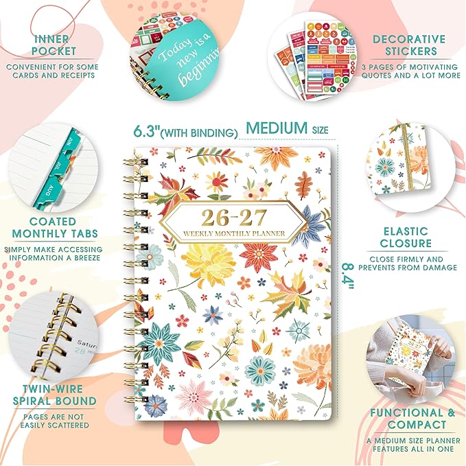 Planner 2026-2027, Academic Year Planner - Daily, Weekly & Monthly Calendar, Jul 2026 - Jun 2027, 6.3" x 8.5", Spiral Notebook with Tabs, Stickers & Inner Pocket, Ideal for School, Office, Home