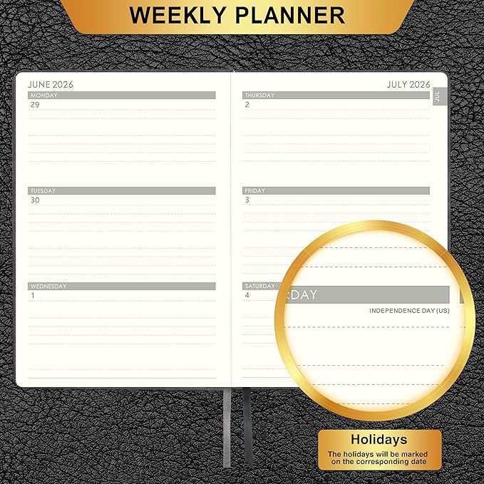 Planner 2026-2027 - 2026-2027 Weekly Monthly Calendar, July 2026 - June 2027, 5.85'' x 8.5'' Agenda with Leather Cover, Pen Holder, Elastic Closure, 24 Ruled Pages