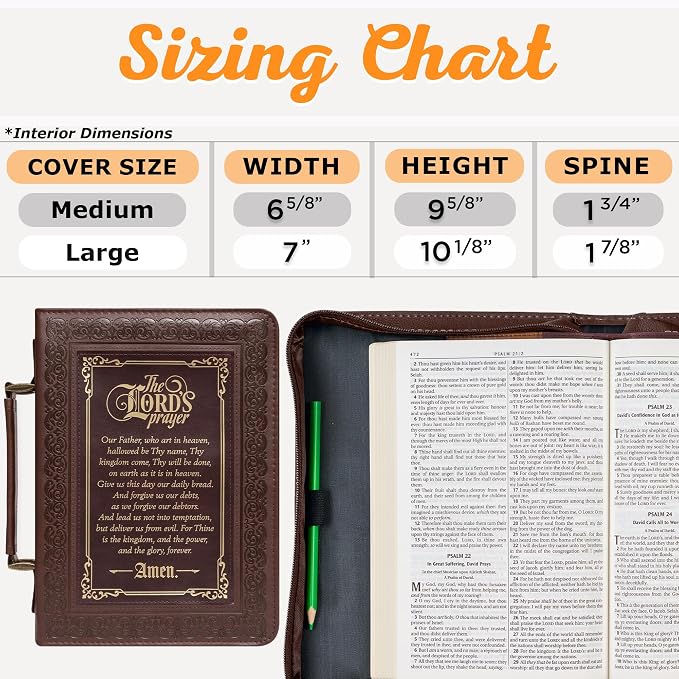 Christian Art Gifts Classic Bible & Book Cover for Men & Women: The Lord's Prayer - Matthew 6:9-13 Sturdy Inspirational Scripture Carry Case Accessory w/Pockets, Walnut Brown & Burgundy w/Gold, Large