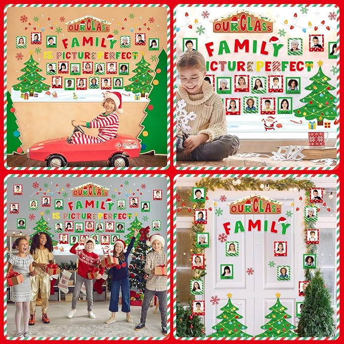 gisgfim Christmas Bulletin Board Decorations Set Xmas Our Class is Family Picture Frame Paper Cutouts Merry Christmas Tree Photo Name Tag Bulletin Board Decor for Winter Holiday School Chalkboard Wall