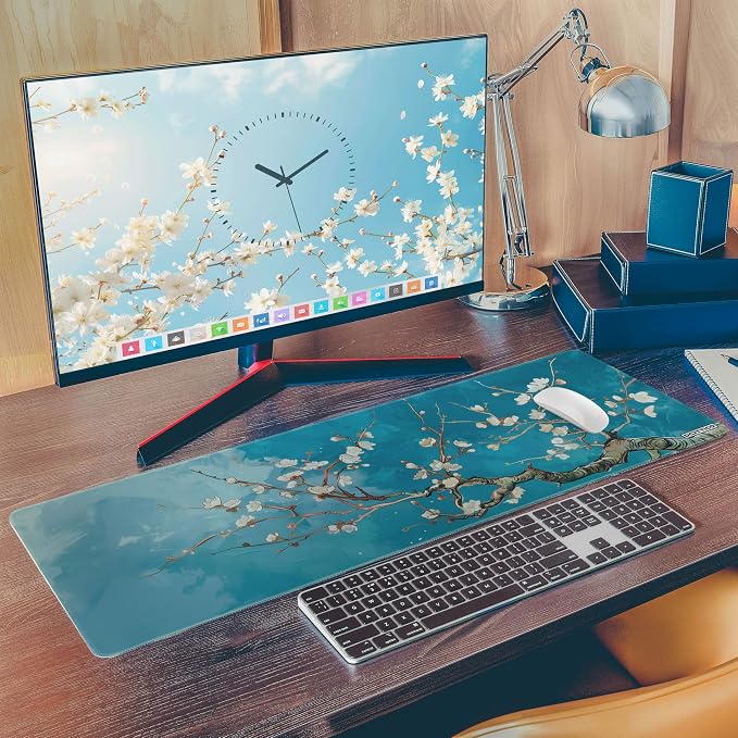 XL Large Gaming Mouse Pad for Desk - Desk Mat for Keyboard and Mouse - PC Mouse Pad - Non-Slip Water Resist Rubber Base, Stitched Edges - 31.5x11.8 in - 80x30 cm (Almond Blossoms, X-Large)