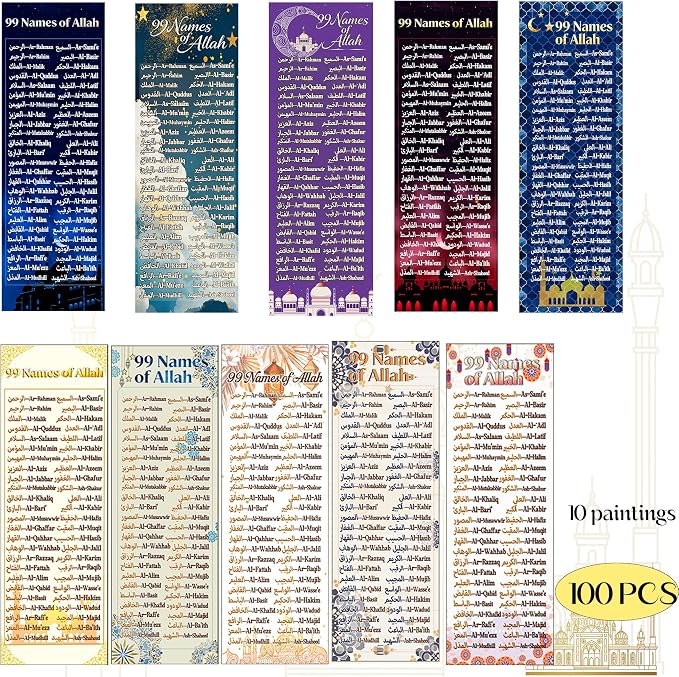 100 pcs Colorful 99 Names of Allah Bookmark Arabic English Islamic Bookmarks Reflecting on The Names of Allah Ramadan Eid Gifts Bulk Quran Muslim Islamic Arabic Gifts for Women Men Quran Learning