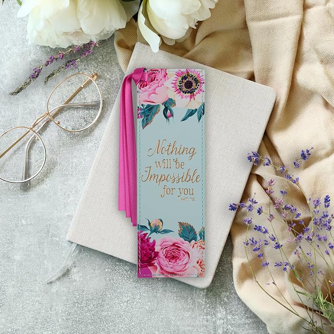 Christian Art Gifts Vegan Leather Scripture Bookmark for Women: Nothing Will Be Impossible for You - Matthew 17:20 Inspirational Bible Verse, Faith-Based Reading Accessory w/Tassel, Mint Green Floral