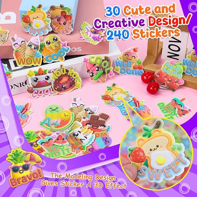 HORIECHALY 240 Pcs 3D Large Food Scratch and Sniff Stickers, Motivational Reward Scented Sticker for Kids & Teachers, Smelly Stickers for Classroom, Birthday, Student Party, School
