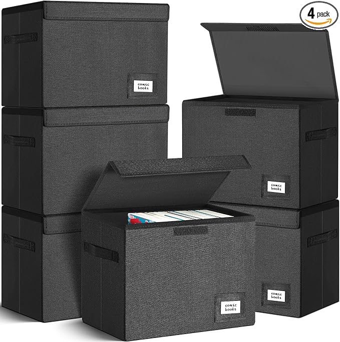 Leffis 6 Pack Comic Book Storage, Collapsible and Stackable Comic Short Box, Moistureproof Comic Box with Lid and Label Slot 15.5" X 7.5" X 11.3" Holds 150 Comics