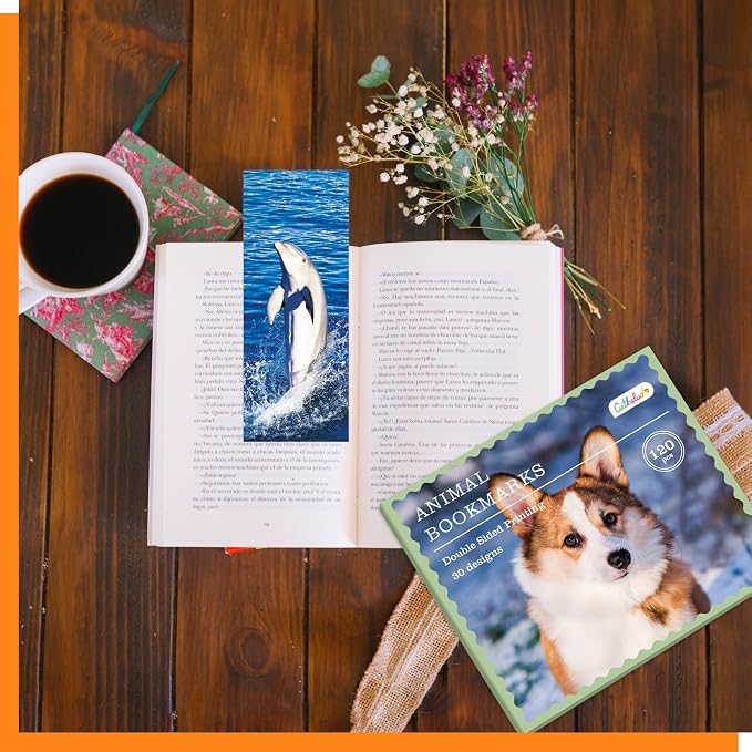 120 PCS Animal Bookmarks, 30 Designs Double-Sided Printing Paper Bookmarks with PET Film, Cat/Dog/Galaxy/Wild Animals for Kids, Students, Adults, Book Lovers (2.4” x 6.1”)