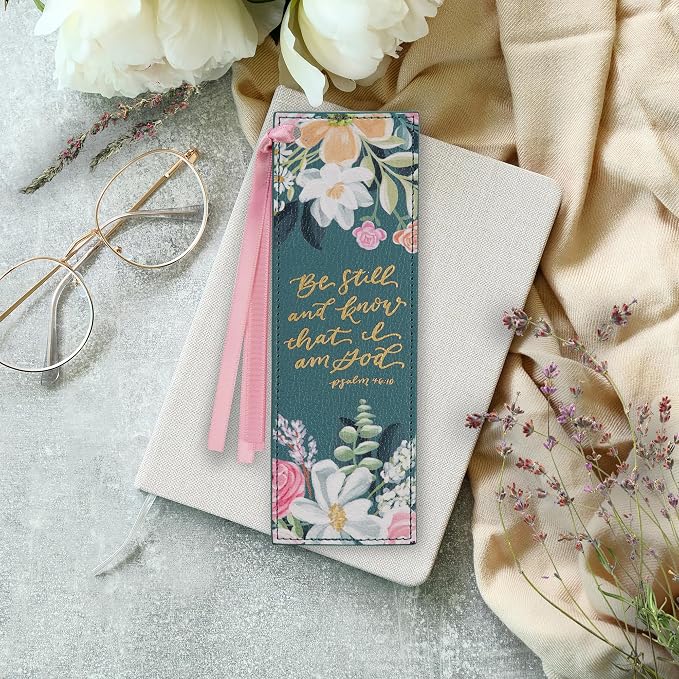 Christian Art Gifts Premium Vegan Leather Inspirational Scripture Bookmark for Women: Be Still & Know Encouraging Bible Verse, Satin Ribbon, Reading Accessory for Books, Bibles, Teal Multicolor Floral