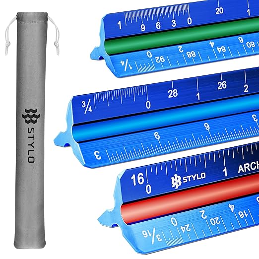 Stylo 12" Aluminum Architect Scale Ruler Laser Etched Triangle Drafting Ruler, Color Coded Grooves for Blueprint, Drafting and Drawing, Architectural Scale Ruler for Blueprints (Blue, Imperial Units)