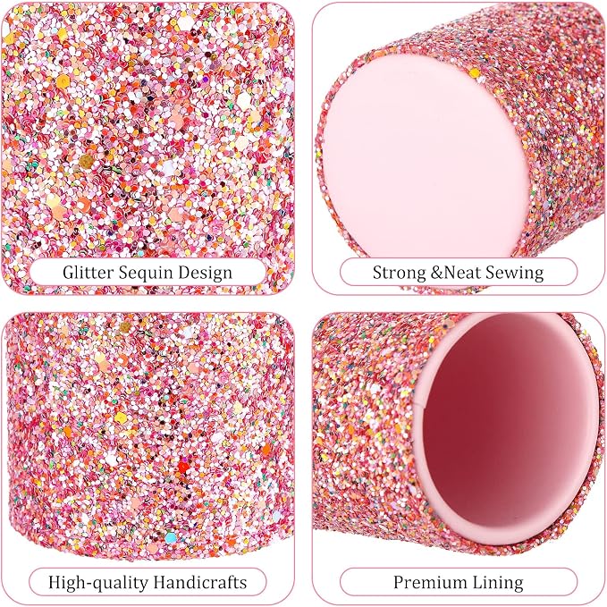 BBTO Bling Sequin Pen Holder with 6 Pcs Sequin Click Pens Cute Glitter Retractable Ballpoint Pens, Pencil Cups for Desk Organizer Makeup Brush Holder for Women Girls Classroom Offices(Pink)