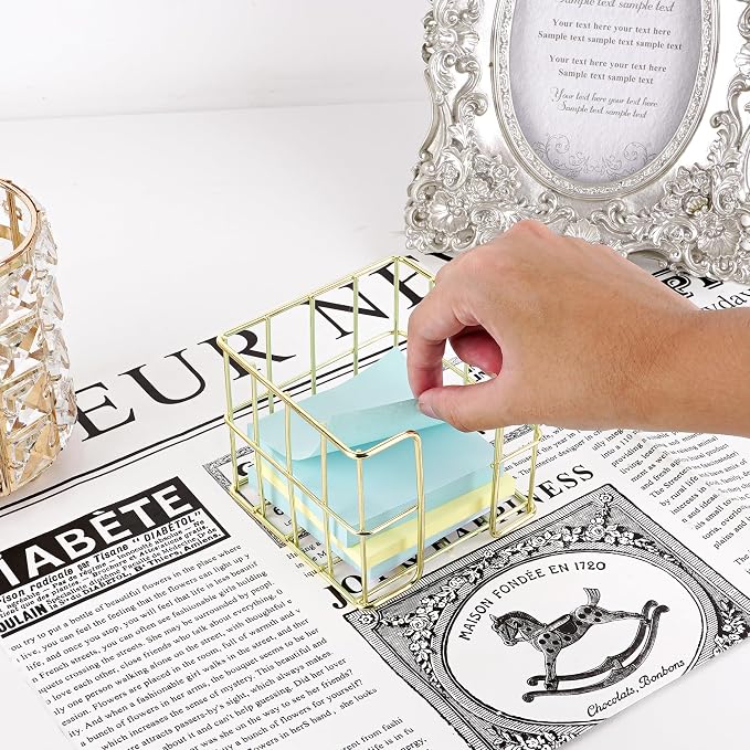 Gold Sticky Note Holder for Desk, 3x3 Metal Wire Memo Pad Dispenser, Cute Square Post Note Cube Organizer, Office Desk Accessories for Women (3.74 Inch)