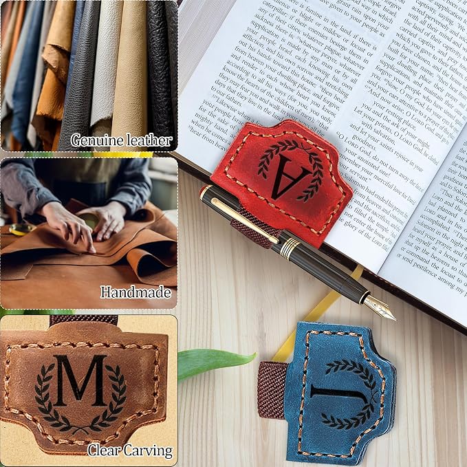 Personalized Leather Magnetic Bookmark with Pen Holder, Bookmark 26 Letters Name Initial Bookmarks for Readers, Book Lover Gifts for Women Men Notebook Accessories (Red, N)