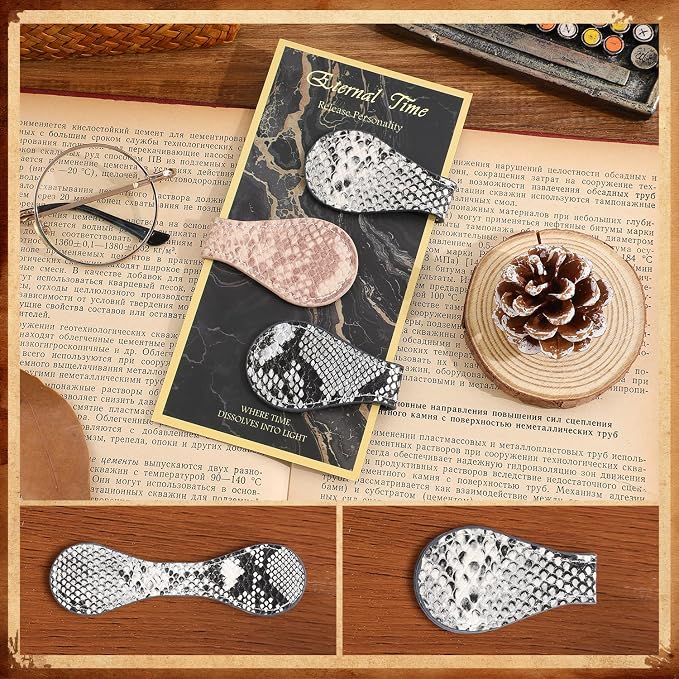 3PCS Vintage Magnetic Leather Bookmark, Leather Magnetic Bookmarks for Women, Magnetic PU Bookmarks Clip Book Accessories, Snake Skin Pattern