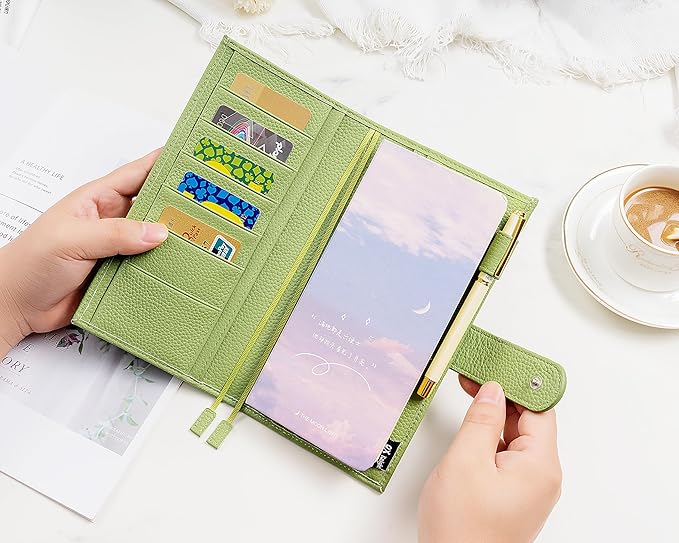 Genuine Leather Cover for Hobonichi Weeks/Weeks Mega with Pen Loop, Card Slots, Back Pocket, and Bookmarks (Green)