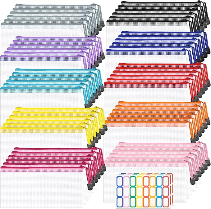 9.4x4.9 Inches Mesh Zipper Pouch with Sticker, 60 Pack Puzzle Storage Bags, Organization Baggies for Travel, Office Appliances, Classroom Supplies and Home Classification