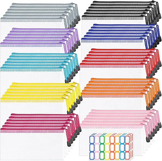 9.4x4.9 Inches Mesh Zipper Pouch with Sticker, 60 Pack Puzzle Storage Bags, Organization Baggies for Travel, Office Appliances, Classroom Supplies and Home Classification