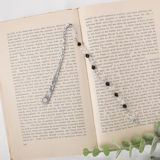 Fantasy Vintage Metal Bookmark - Silver Funny Hook Book Marks Beads Moon Star Charm Page Mark Bookish Gifts for Women Men Kids Reading Lovers Readers Students Bookworms Christmas School