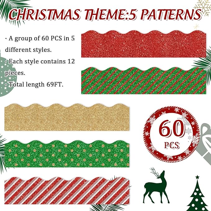 Whaline 69Ft Christmas Glitter Bulletin Board Borders 5 Designs Shine Stripe Dot Red Green Gold Merry Christmas Decoration Trim Bulletin Board Stickers for School Classroom Office Party Decoration