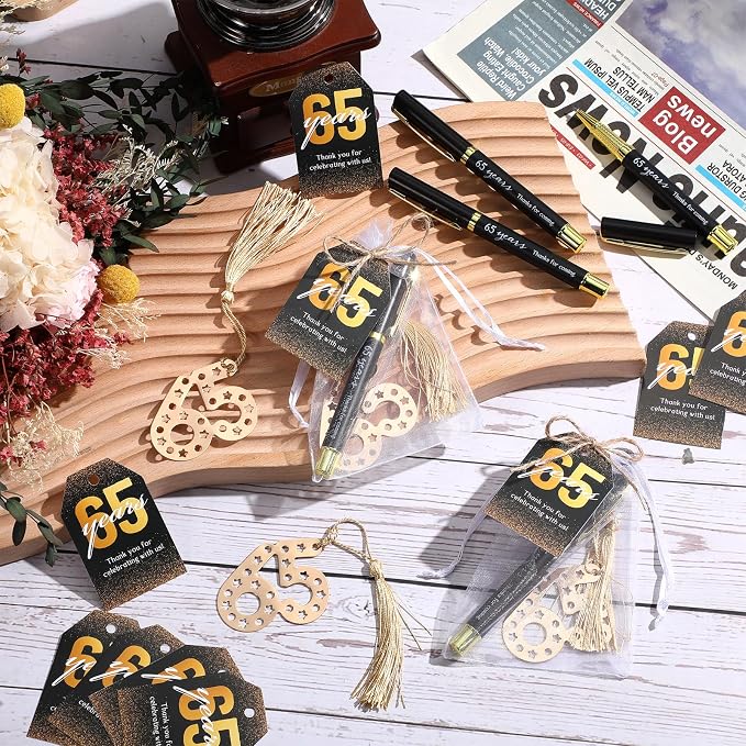 Spakon 25 Set 65th Birthday Party Favor for Guest Anniversary Party Favor Golden Birthday Bookmark Thanks Coming Pen with Tag Appreciation Gifts for Women Men Wedding Anniversary