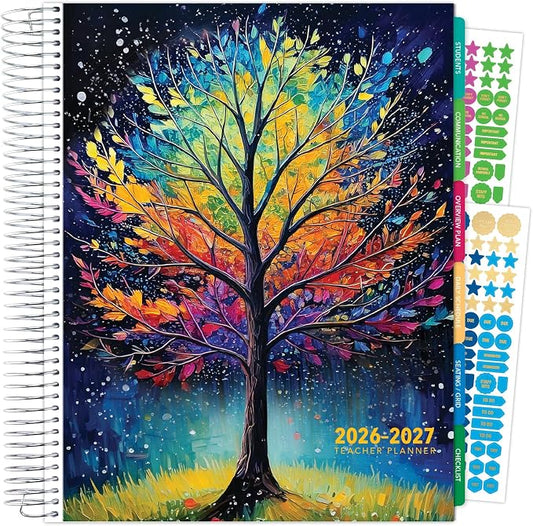 DELUXE TEACHER PLANNER Aug 2026-Jul 2027 8.5x11 Daily Weekly Monthly Organizers with 7 Periods, Pocket Folder, Dated Calendar, Page Tabs, Bookmark and Planning Stickers (Black Tree Seasons)