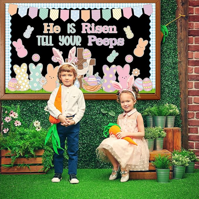 Easter Bunny Religious Cross Bulletin Board Set Jesus He is Risen Classroom Decoration Resurrection Cross Colored Rabbit Eggs Paper Cutouts for Spring Home Sunday School Wall Chalkboard Decor