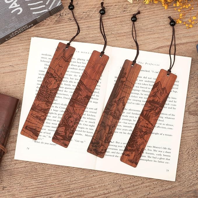 4Pcs Wood Bookmark for Men Father's Day, Adventure Scenery Wooden Carving Book Mark Gift for Men Boy Book Lovers