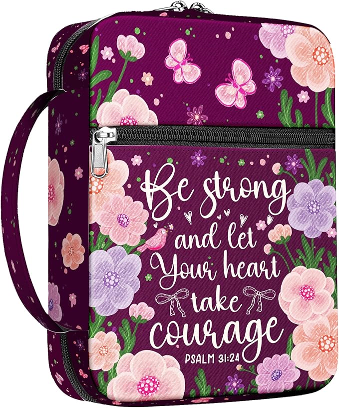 Floral Scripture Bible Cover for Women, Inspirational Bible Case with Handle and Zipper, Canvas Bible Bag Fits Standard Size Bible, Christian Gift for Girls, Faith Study