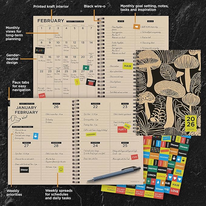 TF Publishing 2026 Mushroom Medium Weekly Monthly Planner with 12-Month Calendar Grid, Goals and Task Trackers - Weekly Schedule Planner with Priority List Section and Stickers - 6.5in x 8in