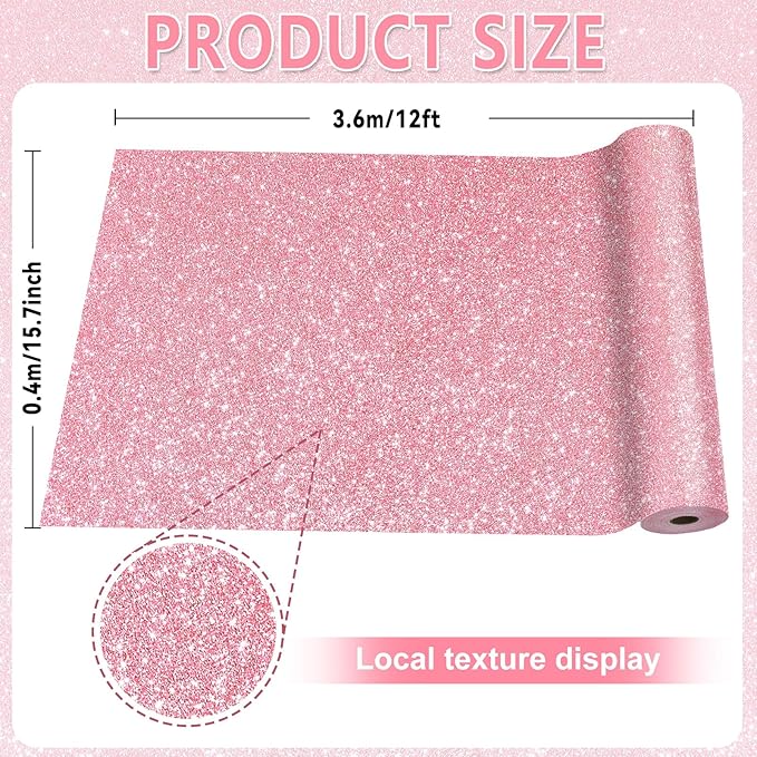 Glitter Bulletin Board Roll Pink Bulletin Board Paper Sparkle Pink Wrapping DIY Art Crafts Fade Resistant Wrinkle Resistant Poster for Classroom Office Home Backdrop Decoration 15.7" x 12 Ft