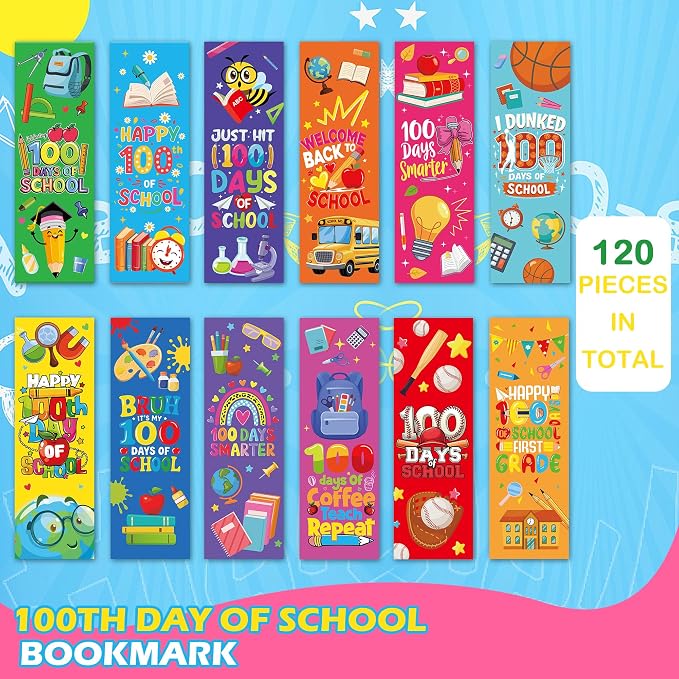 120 Pcs 100 Day of School Paper Bookmarks, 100 Items for 100 Days of School Bookmarks for Students, Playful Cartoon 100th Activities Supplies Gifts for Kids Classroom Prize Office Home Decor