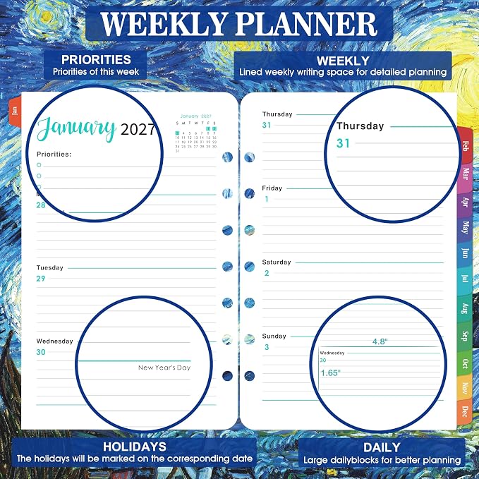 2027 Planner Refills - Jan. 2027 - Dec. 2027, 7 Holes, Planner Refills 2027, 5.5'' x 8.5'', A5 Weekly & Monthly Planner Inserts, Colorful Monthly Tabs