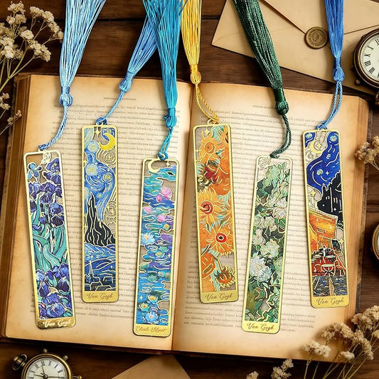 6-Pack Metal Bookmarks with Tassels, Golden Hollow-Out Oil Painting Theme Bookmarks | Book Markers for Reading, Gifts for Book Lovers, Writers, Readers, Adults, Teens & Women