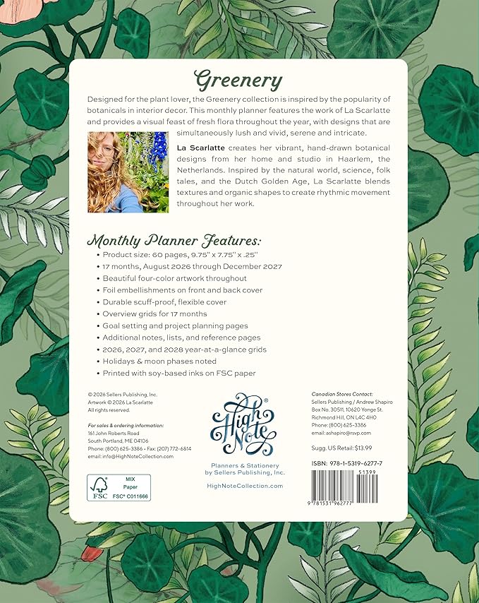 High Note 2027 Monthly Planner, 17-Month Planner: August 2026 – December 2027, 7.75" x 9.75", Greenery with Flexible Cover, Gold Foil, Project & Goal Planning Pages
