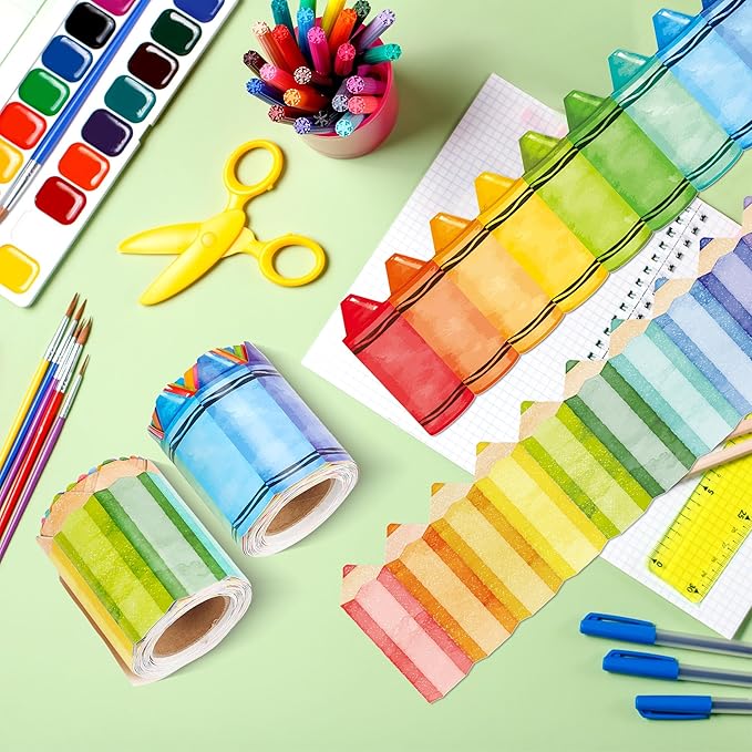 66 Ft Bulletin Board Border Rainbow Crayon Decoration Pencil Die Cut Trim Paper Cutouts for School Chalkboard Window Wall Decor Party Supplies
