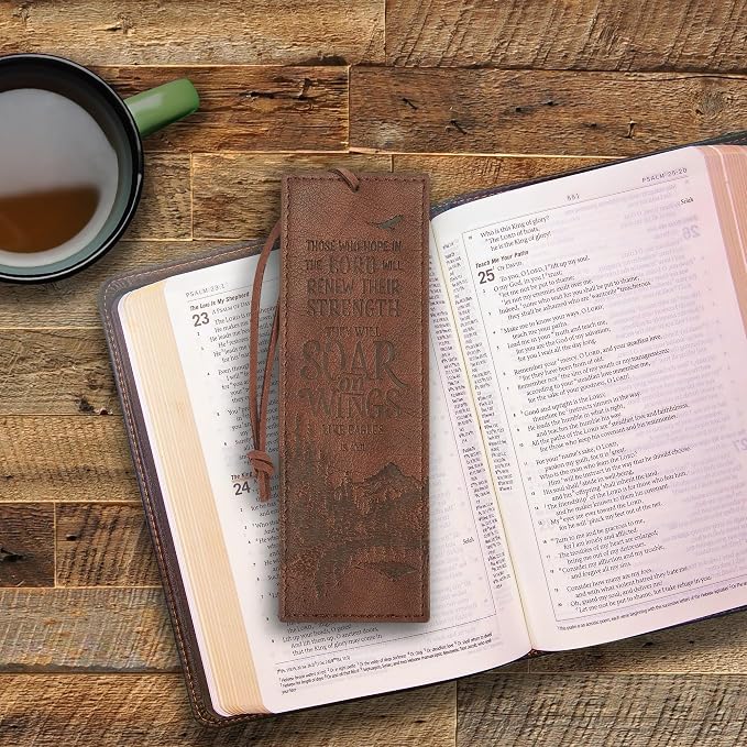 Christian Art Gifts Premium Vegan Faux Leather Scripture Bookmark for Men: Soar On Wings - Isaiah 40:31 Inspirational Bible Verse, Heat-Debossed, Faith-Based Reading Book Accessory with Cord, Brown