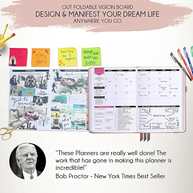 Deluxe Weekly and Monthly Planner | Law of Attraction Planner with Productivity App | 12-Month for Productivity, Gratitude & Goal Setting | Includes Foldable Vision Board, Gift Box & Stickers