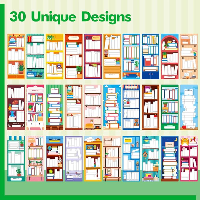 120 PCS Book Tracker Bookmarks, 30 Bookshelf Designs Double Sided Reading Page Markers Reading List Bookmarks for Kids, Adults, Students, Book Lovers All Ages (2.4” x 6.1”)
