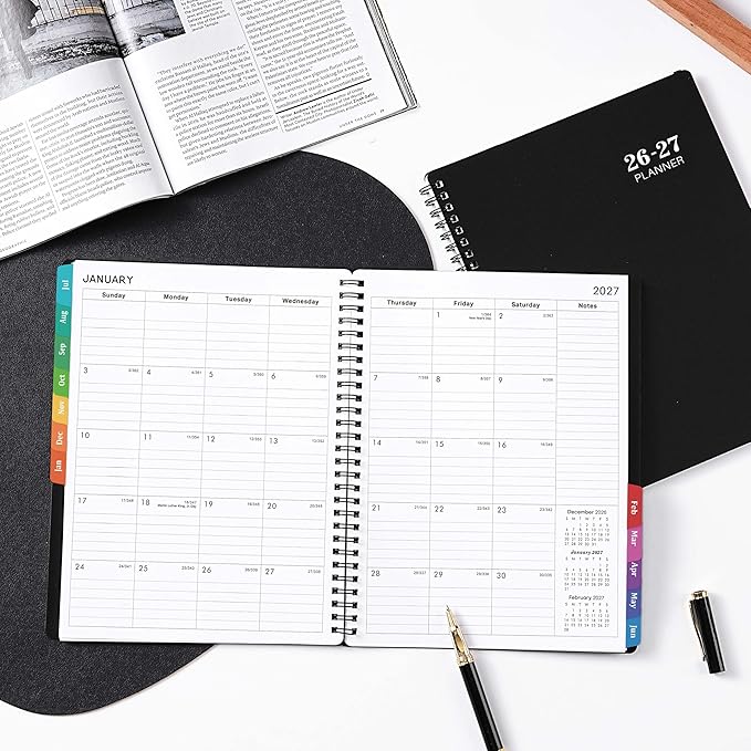 2026-2027 Planner - 8” × 10”, 2026-2027 Planner Weekly and Monthly, from JUL.2026 to JUN. 2027, Premium Paper, Twin-wire Binding, Check Box, Coated Monthly Tabs, for Productive Life