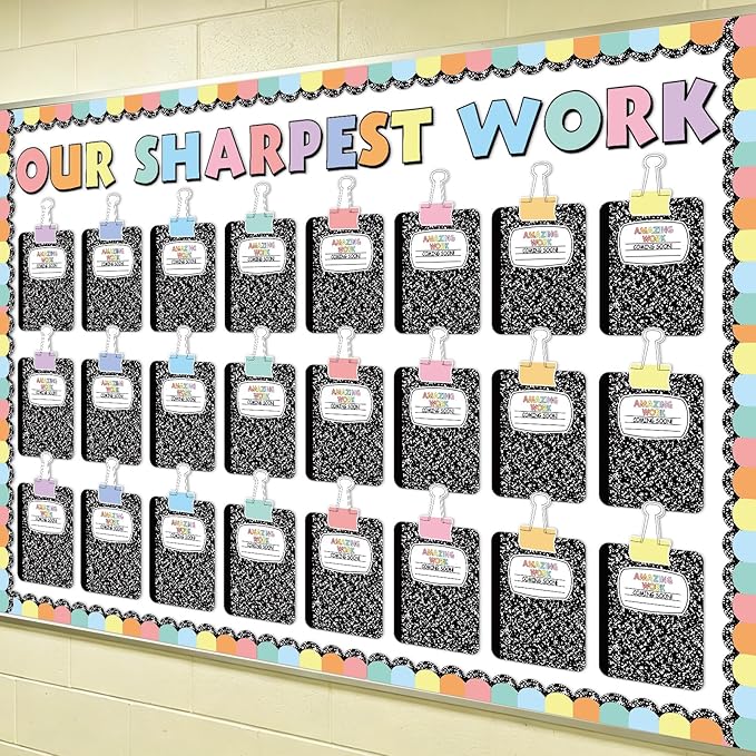 JarThenaAMCS Student Work Display Bulletin Board Decoration Set Composition Notebook Clips Inspirational Paper Cutouts for Back to School Classroom Chalkboard Wall Decor Teacher Supplies