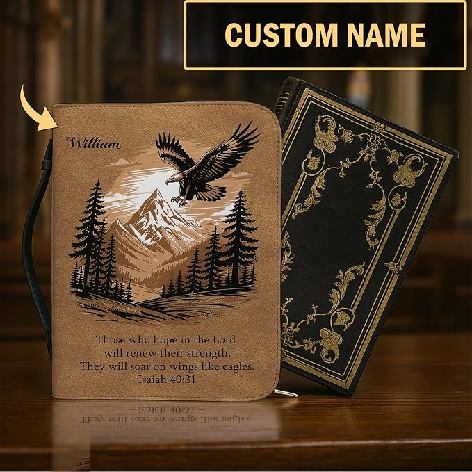 Personalized Man of God Bible Cover for Men, Christian PU Leather Bible Case with Handle Zipper, God Says I Am Warrior Scripture Bible Holder, Religious Gift for Men (Eagle and Bible Verse)