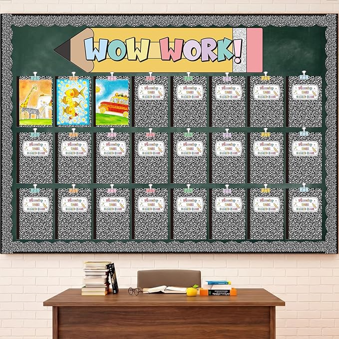 Mooliwe 139 Pcs Student Work Display Bulletin Board Composition Notebook Classroom Decoration Pencil Wow Work Cutouts with Clip Names Display Classroom Wall Decor for Teachers Back to School Supplies