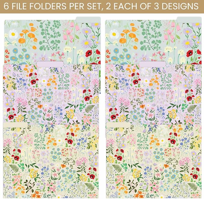 bloom daily planners Decorative File Folders - Set of Six Letter Size (8.5” x 11”) Organizers, 1/3 Cut Tabs - Assorted Floral Designs - Garden Party