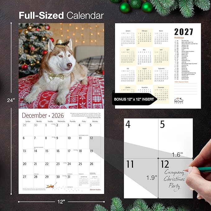 MICASA PRESS Siberian Huskies 2026 Wall Calendar 12 Month | 12" x 24" Open | Thick & Sturdy Paper | Giftable | Cute Puppy Dog Calendar 2026