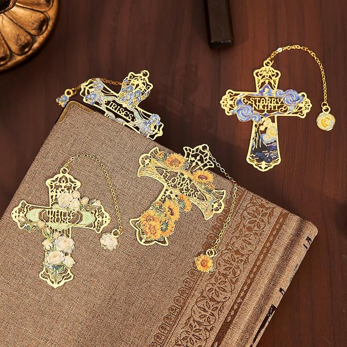 4PCS Cross Metal Bookmarks, Vintage Van Gogh Bookmark, Christian Gift, Book Lover Gifts for Teacher Writers Readers Adults