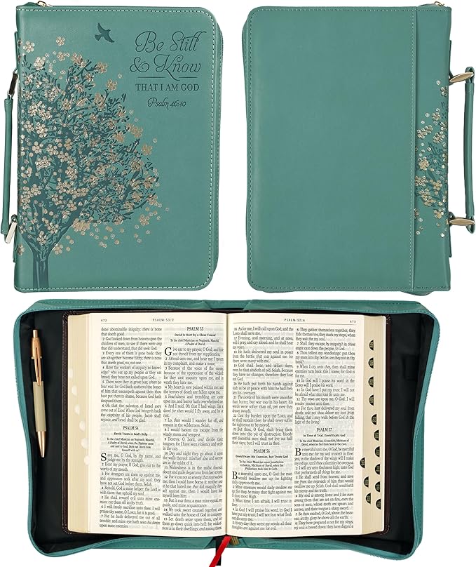 Christian Art Gifts Fashion Vegan Leather Bible Cover for Women: Be Still & Know Inspirational Bible Verse, Teal Floral, Large